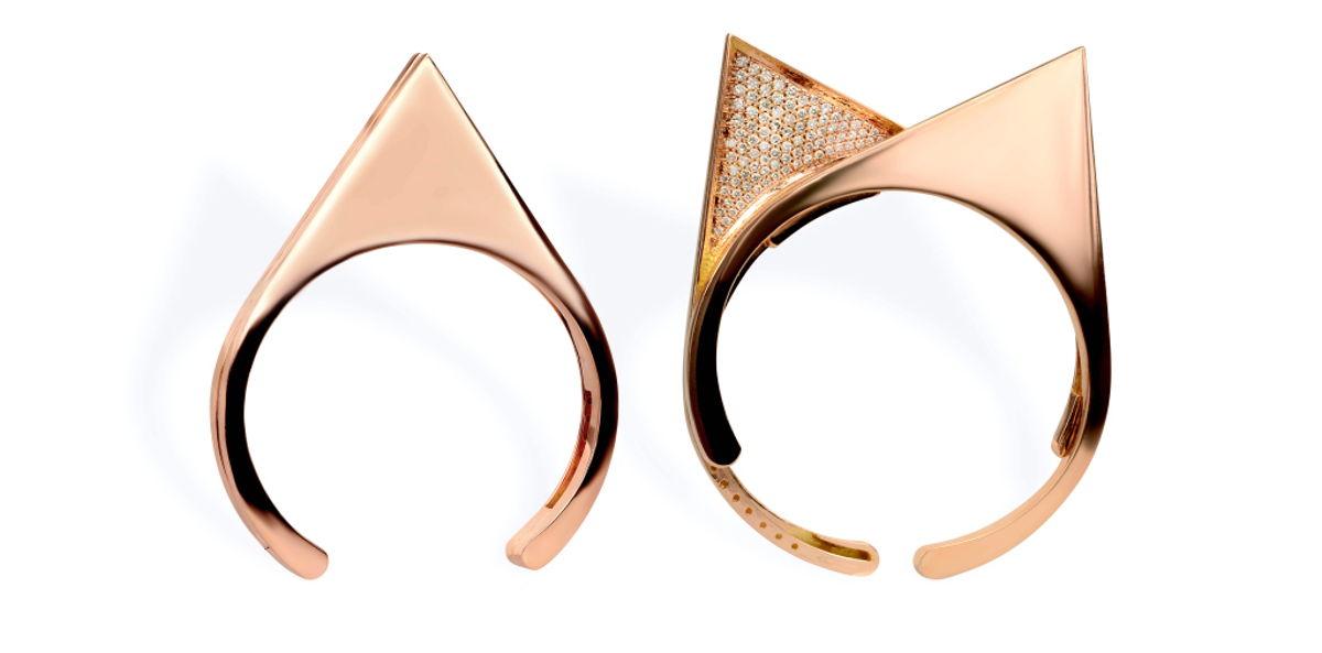 Раздвижные кольца от Kim-Mee-Hye, использовав форму кошачьих ушек, инкрустированных мелкими кристаллами.