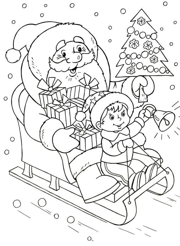 Новогодняя раскраска "Дед Мороз на санках"
