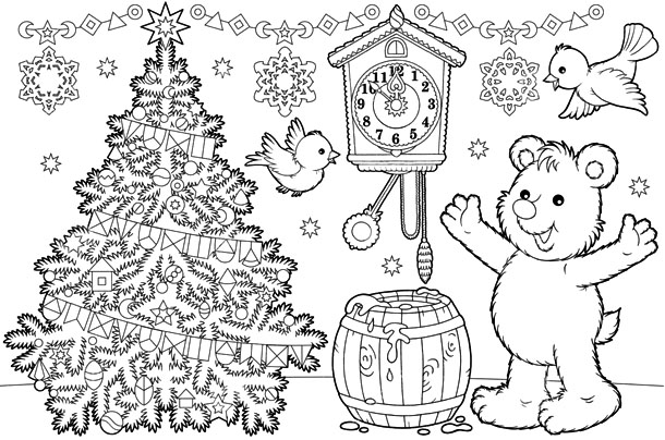 Новогодняя раскраска "Мишка у елки"