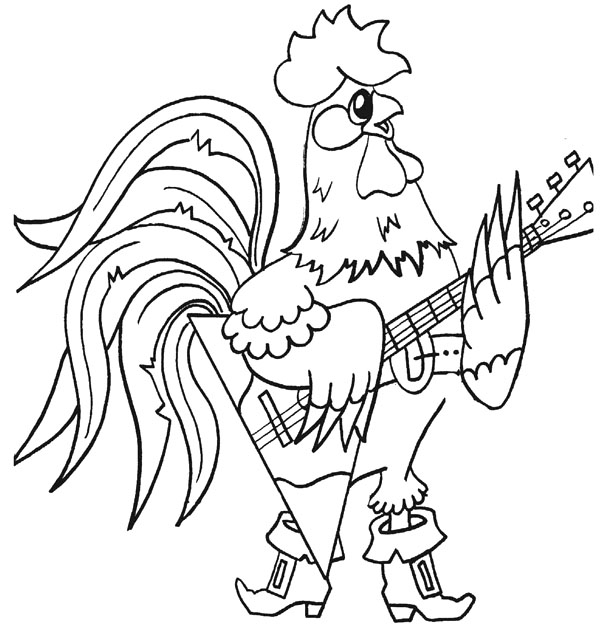 Новогодняя раскраска "Петух с балалайкой"