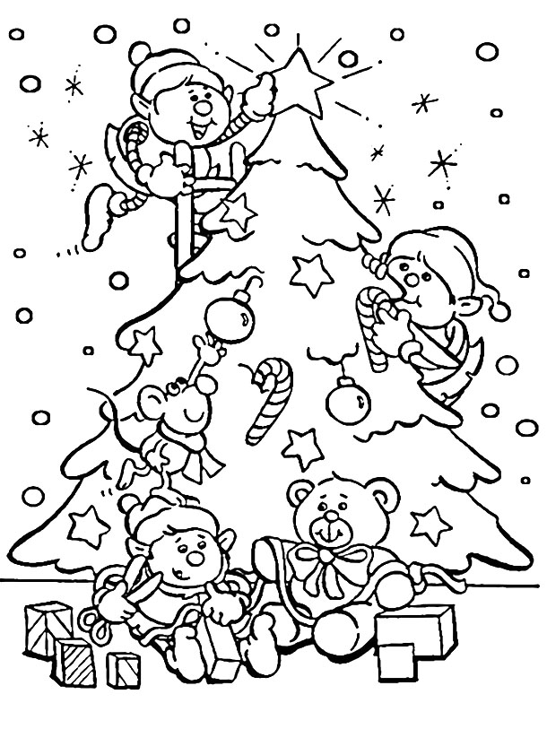 Новогодняя раскраска "Эльфы наряжают елку"