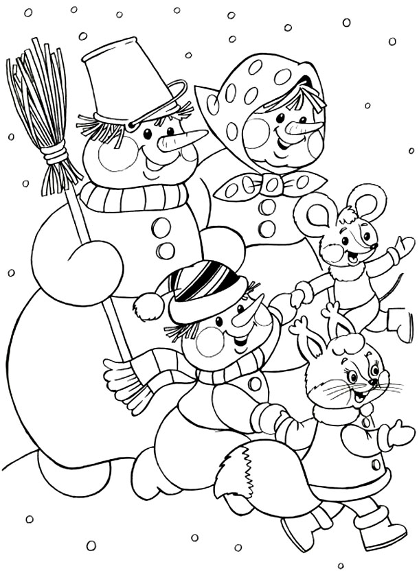 Новогодняя раскраска "Семья снеговиков"