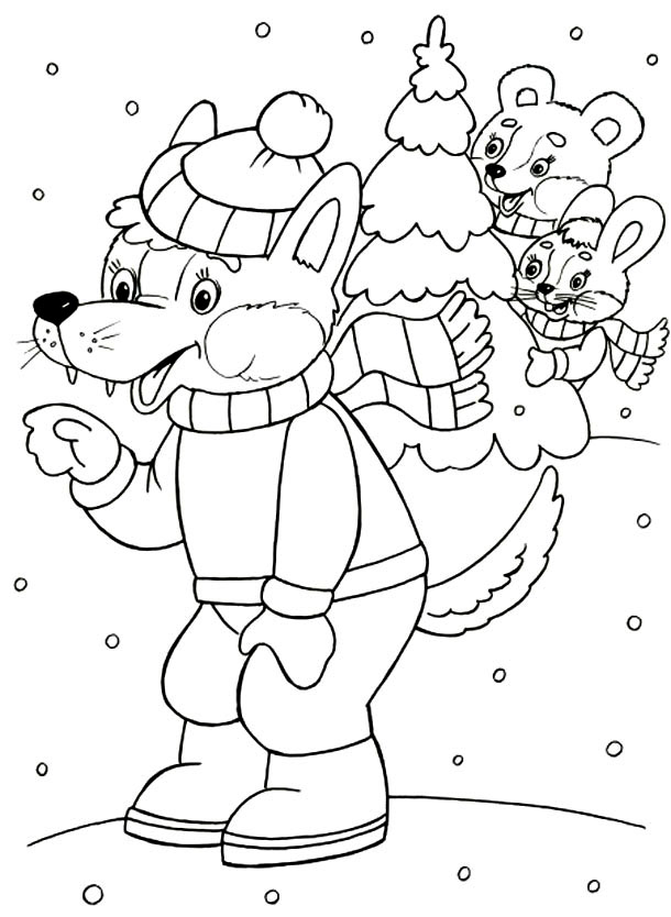 Новогодняя раскраска "Волк и елка"