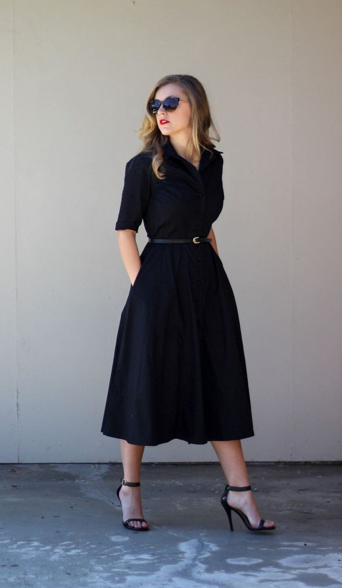 Модное черное платье рубашка - фото новинки сезона