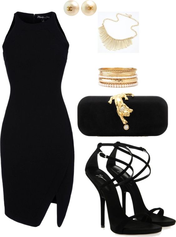 На фото: универсальные вечерние наряды - базовой является маленькое черное платье декольте.