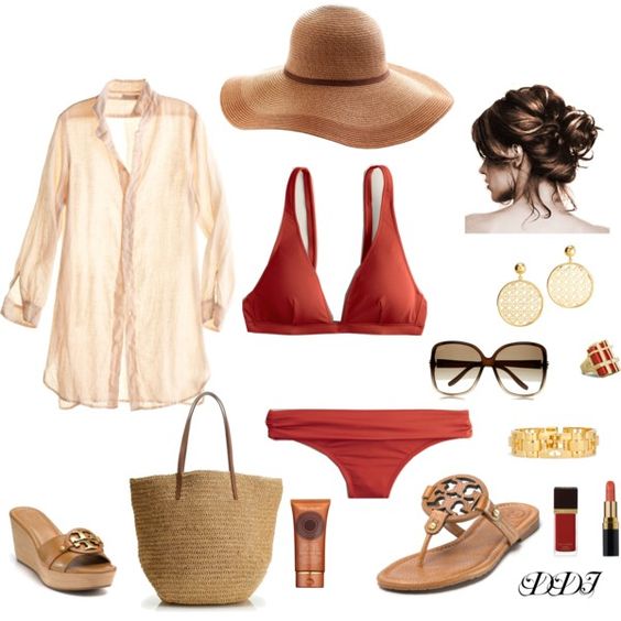 На фото: модный лук для знойного лета купальник - купальник, рубашка, сандали, шляпка и очки.