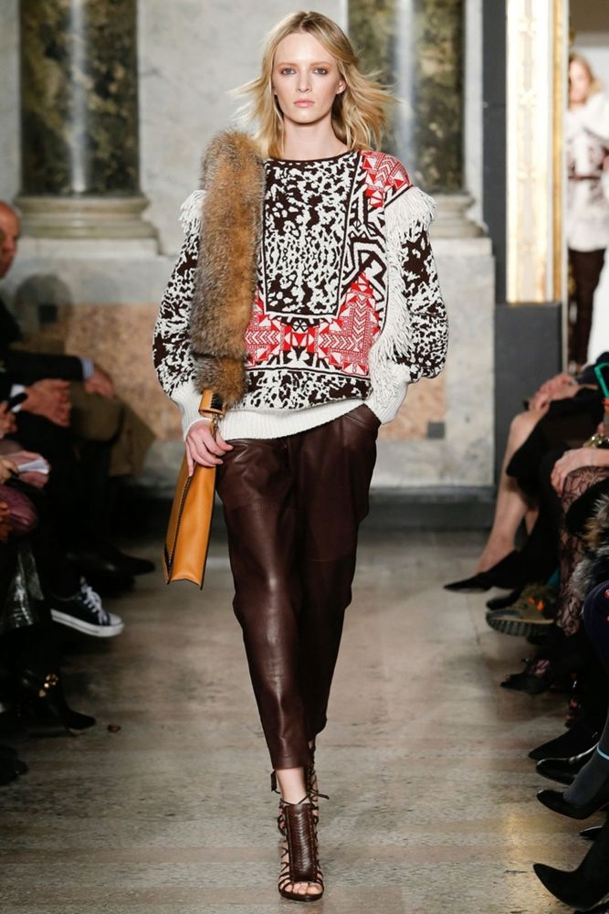 Модная кофта 2015 с геометрическим узором в сочетании с кожаными брюками – фото новинка от Emilio Pucci