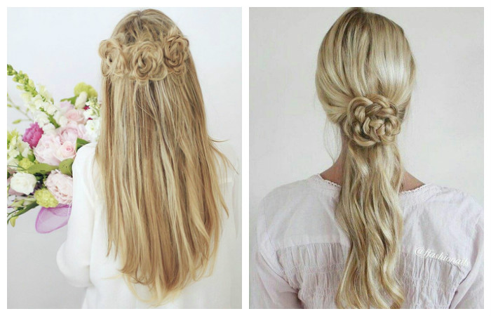 Прическа с косами в виде цветов для длинных волос, фото