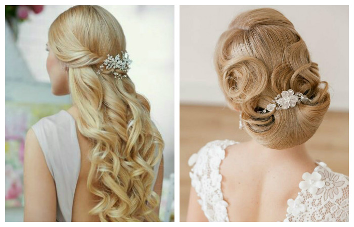 Свадебная прическа с заколкой на длинные волосы, фото
