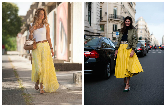 С чем носить желтую плиссированную юбку, фото