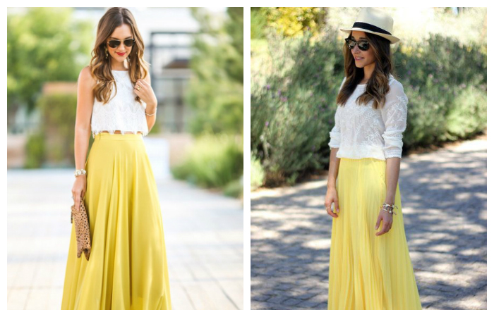 С чем носить желтую плиссированную юбку, фото