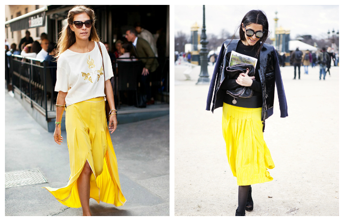 С чем носить желтую плиссированную юбку, фото