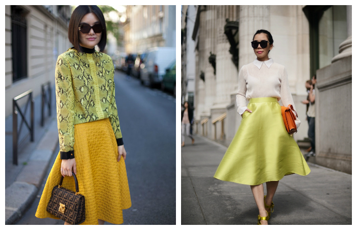 С чем носить желтую юбку-солнце, фото