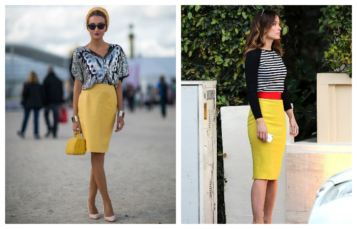 С чем носить желтую юбку-карандаш, фото