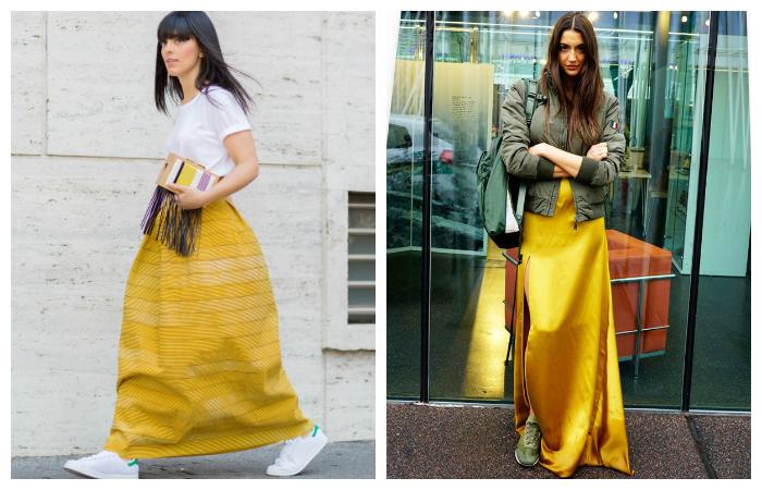 С чем носить желтую юбку - миди, фото