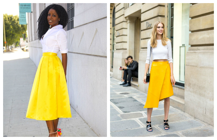 С чем носить желтую юбку - миди, фото